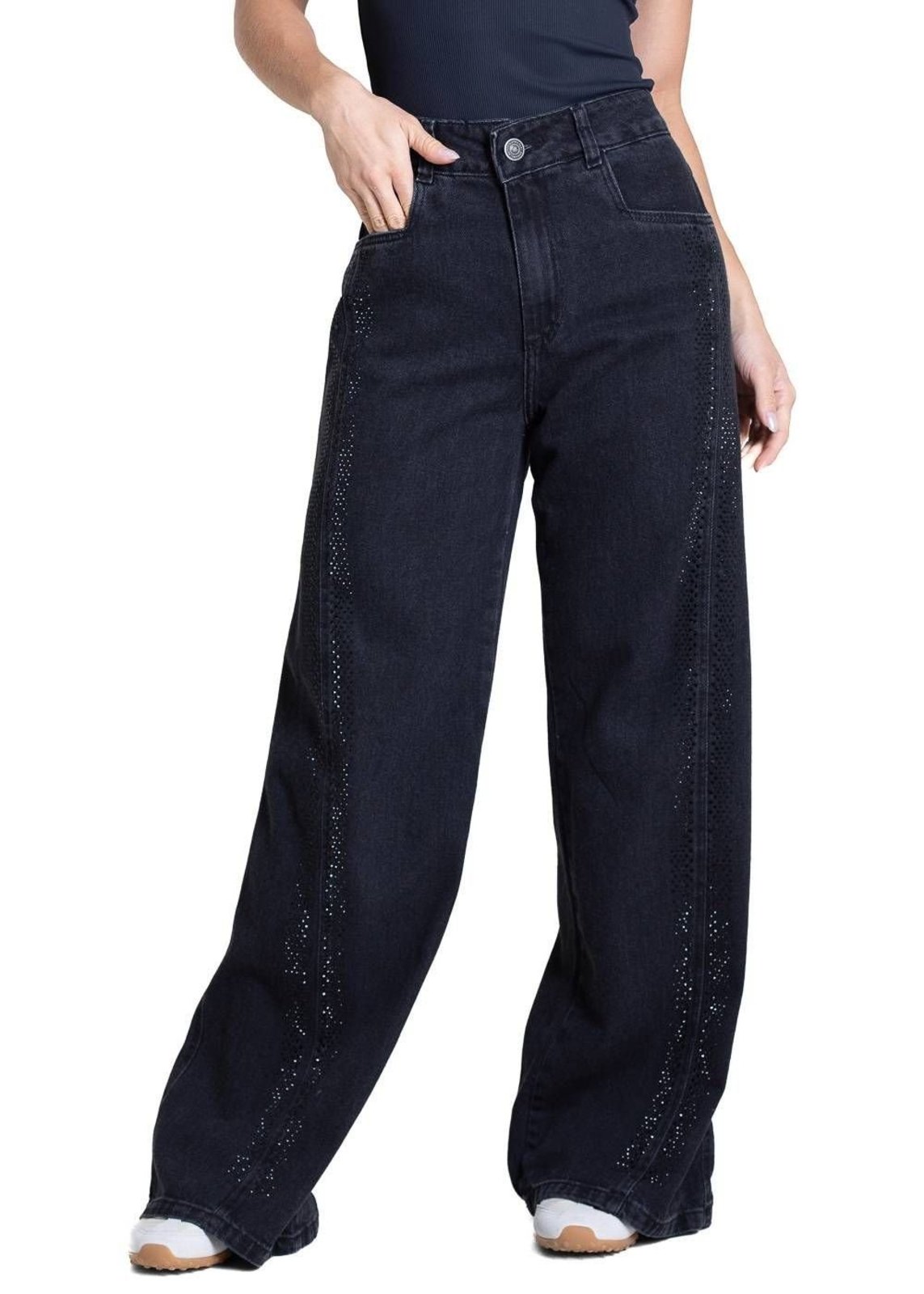 Calça Jeans Sawary Wide Leg Petit Brilho - 283571 - Preto - Sawary