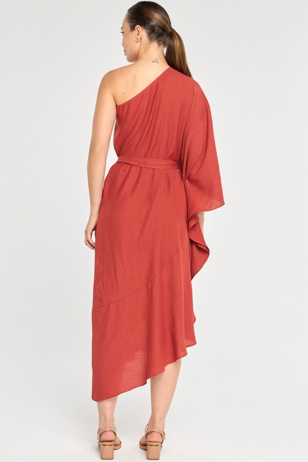 Vestido Midi PKS de Um Ombro Só Terracota