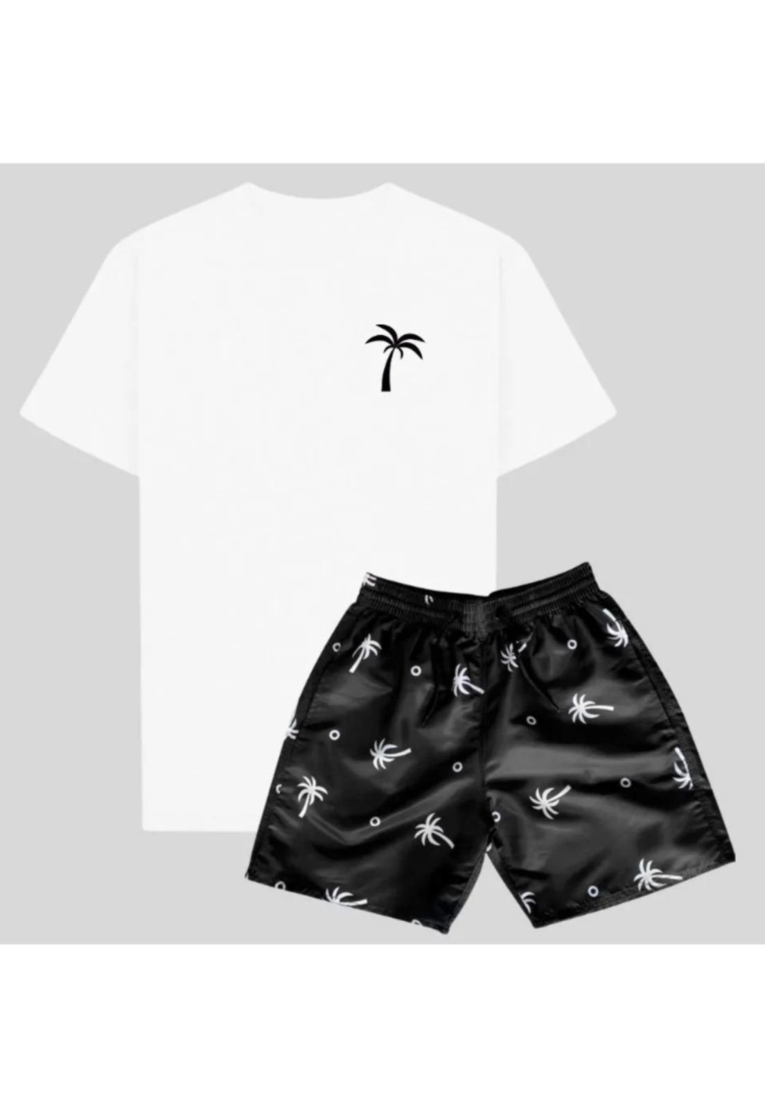 Conjunto Masculino 2 pçs Relaxado Camiseta Básica Branca e Short Tactel Preto Estampa Coqueiros