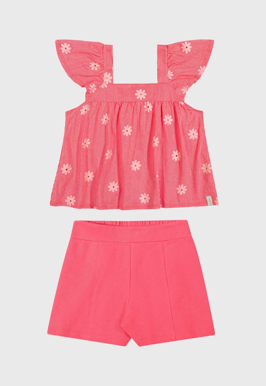 Infantil - Conjunto Elian Blusa Floral e Short Algodão Rosa
