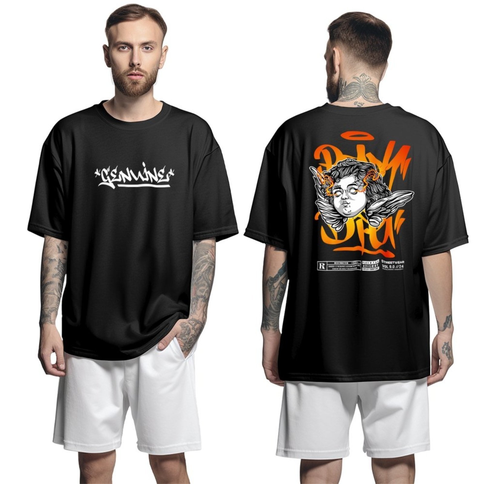 Camisa Camiseta Oversized Streetwar Genuine Grit Masculina Larga 100% Algodão 30.1 Angel Lightining – Preto – P