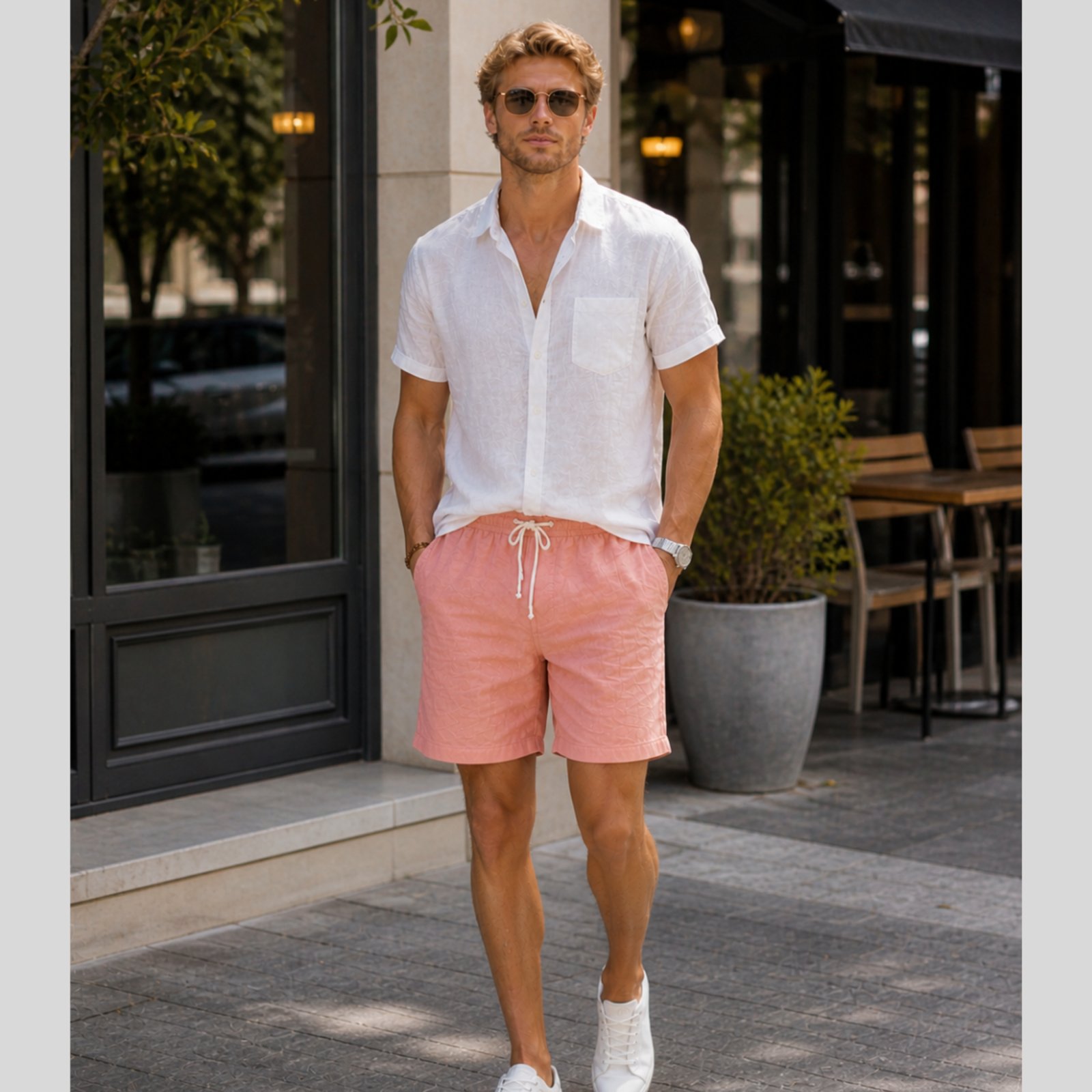 Bermuda De Linho Masculina Short Com Cordão Mauricinho Leve Salmão