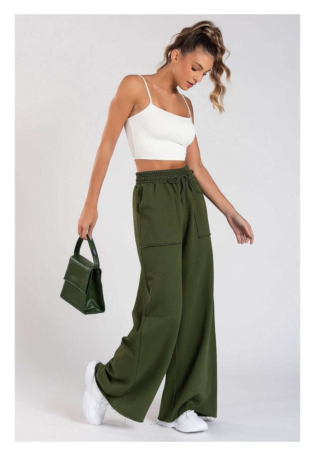Calça Moletom Sem Pelúcia Wide Leg Val Verde Militar