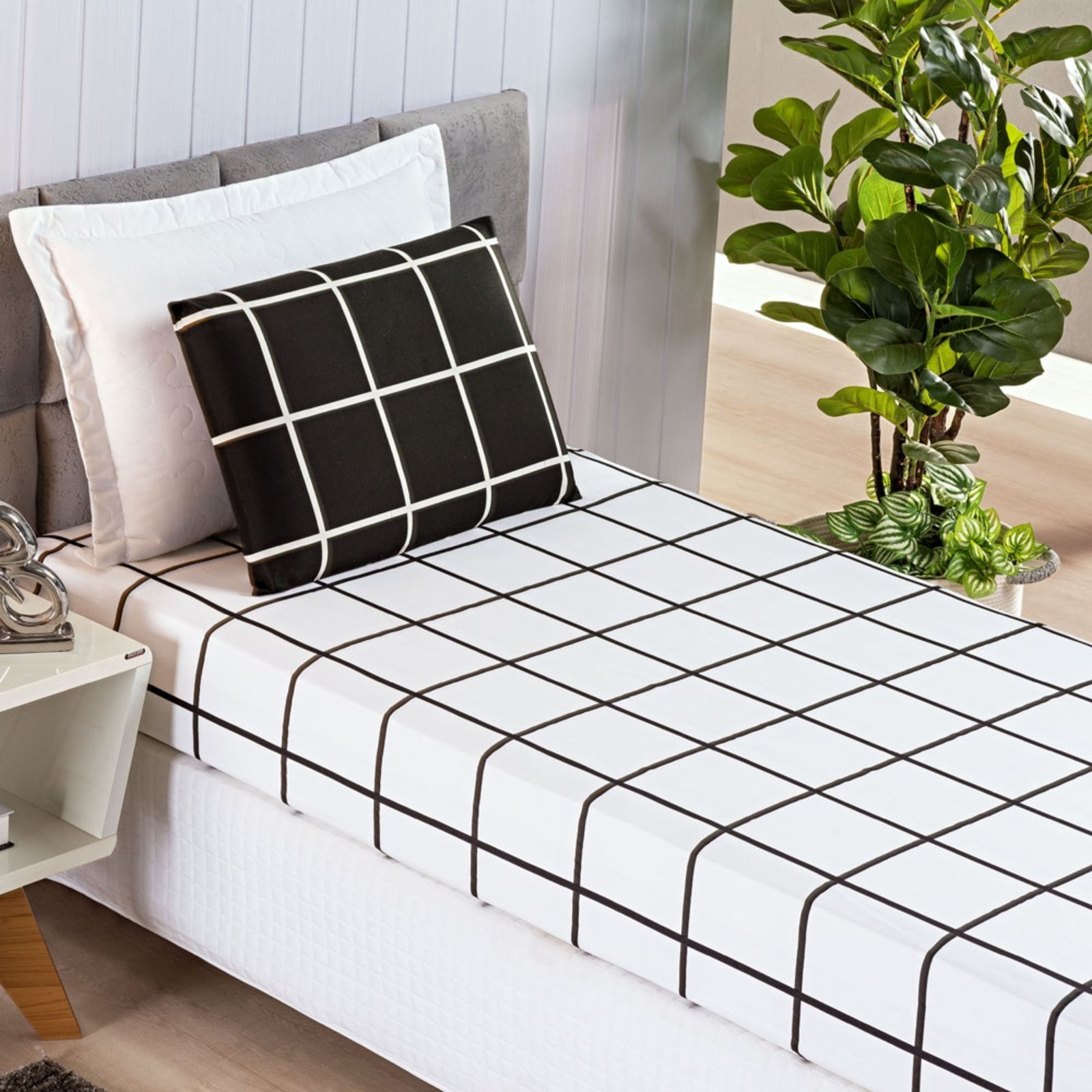 Jogo Cama Lençol Casa Scarpa Brooklyn Solteiro Quadriculado Micropercal 200 Fios 2 Peças - Preto