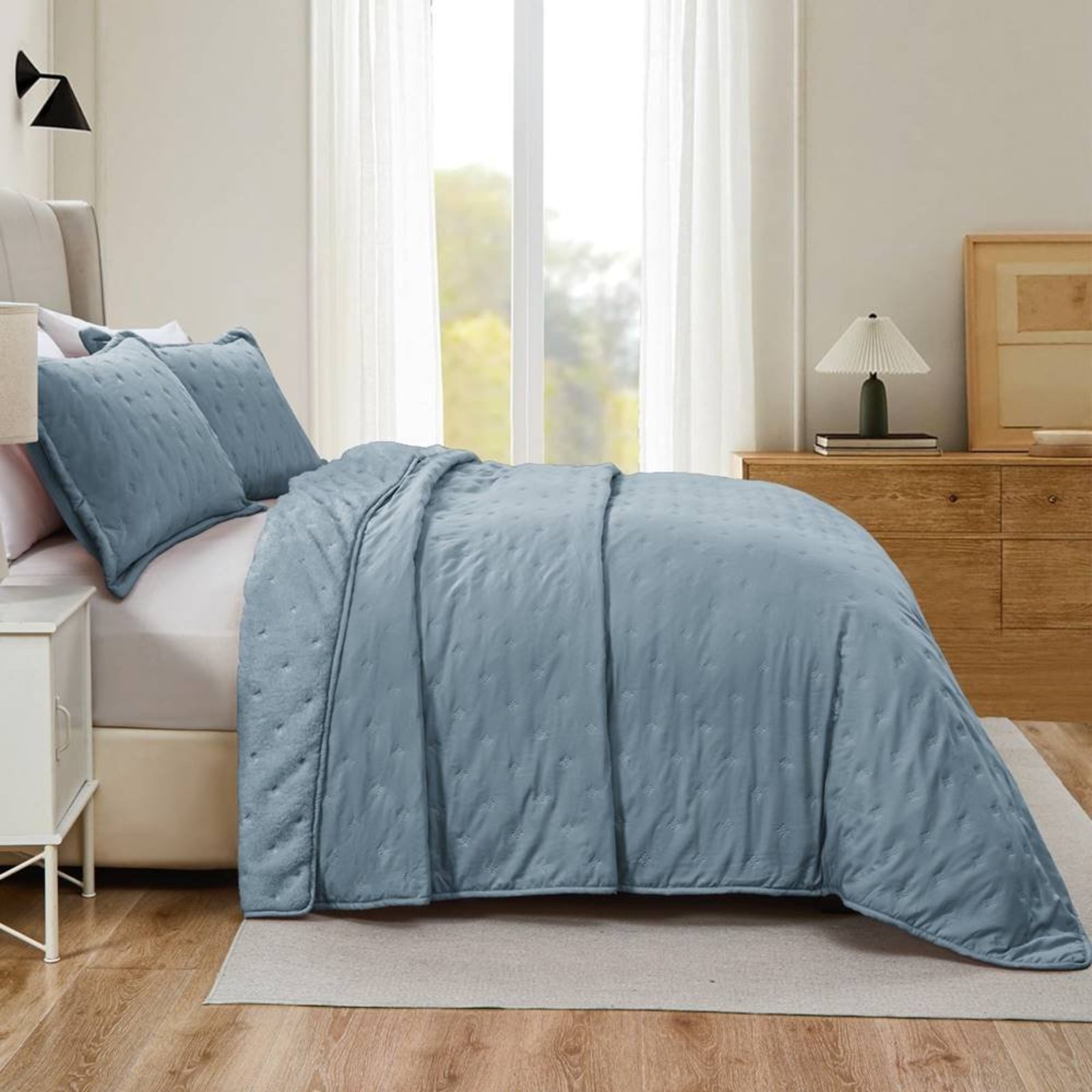 Cobre Leito King Casa Modelo Enxovais Dupla Face 300 fios com Sherpa 3 Peças Azul