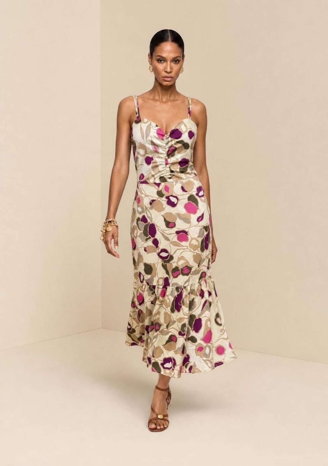 Vestido Midi Decote V Com Cinto - Bege