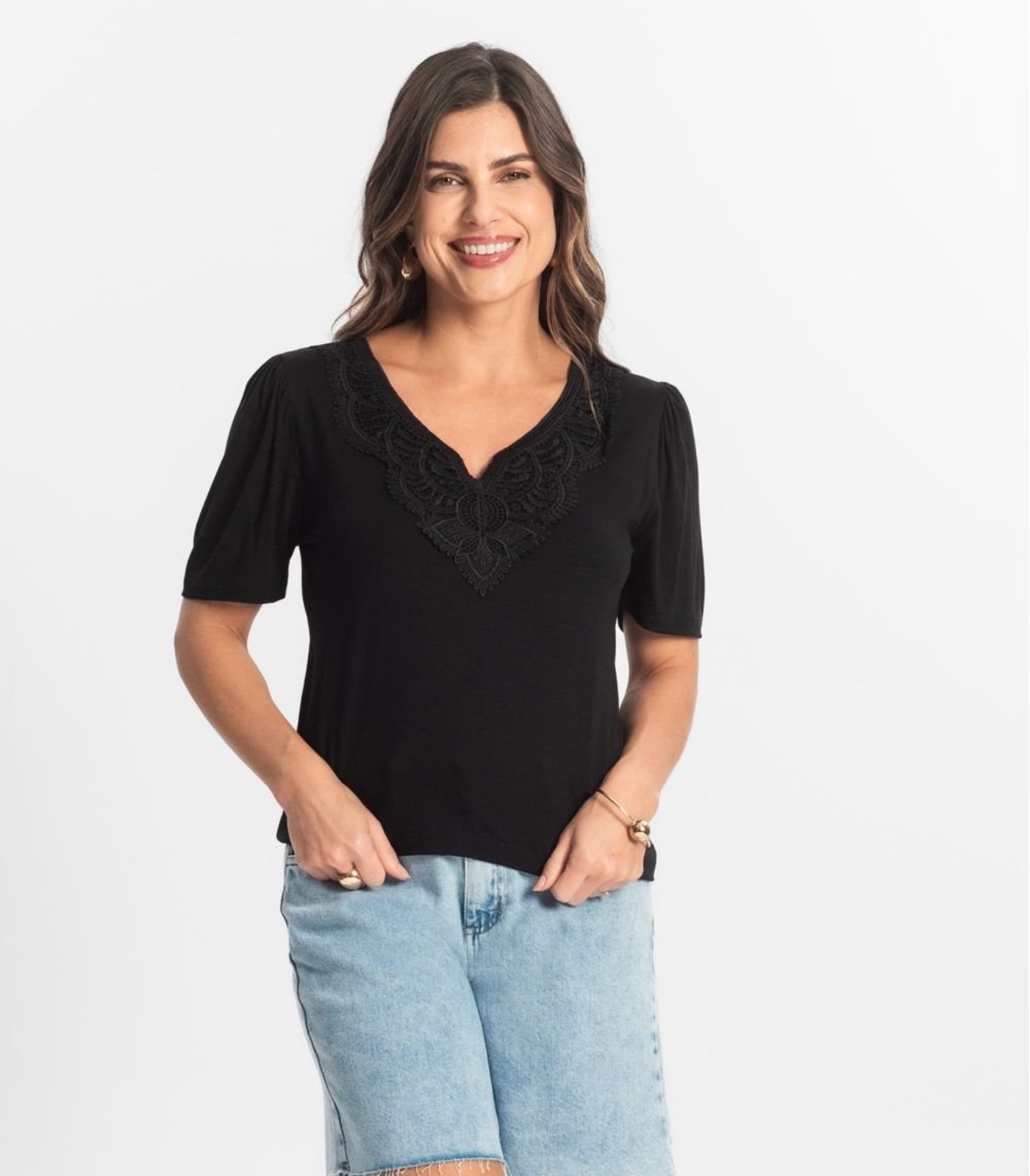 Blusa Feminina Manga Curta Viscotorcion Select Preto
