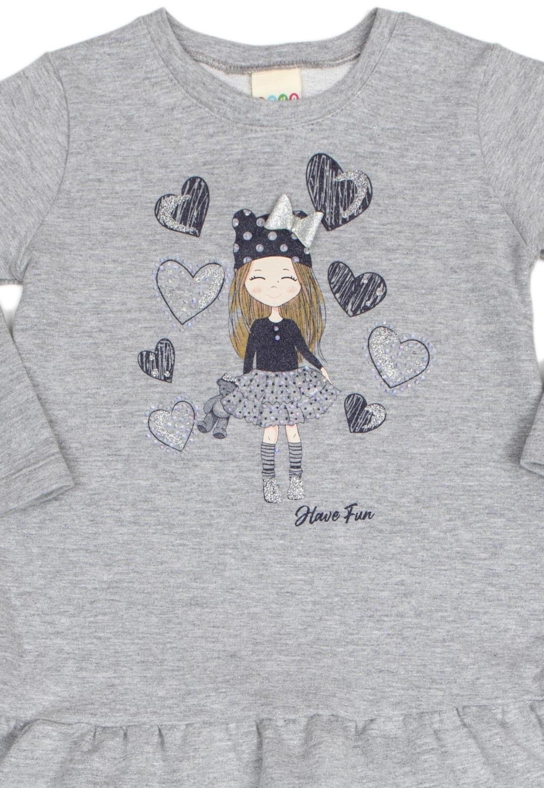 Vista 3 Infantil - Vestido ML Molecotton Strass Mescla Have Fun cinza Have Fun cinza