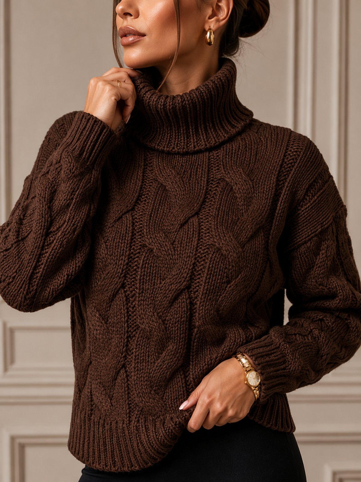 Suéter Feminino Tricot Gola Alta Lapetry Marrom Premium Manga Longa Elegância e Conforto