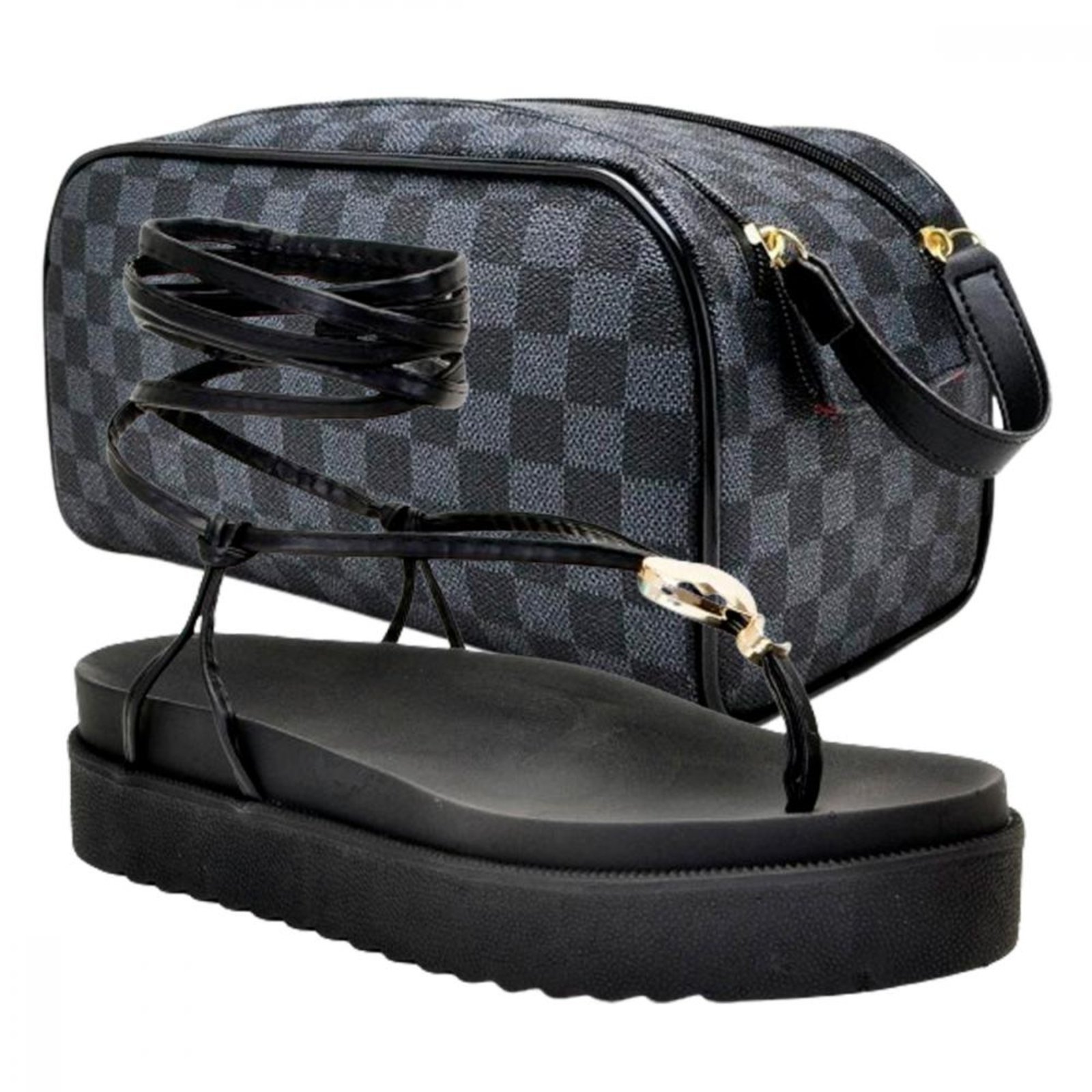 Kit Sandália Feminina Papete com Bolsa Necessaire Conforto para Seus Pés Praticidade para Seu Dia Preto
