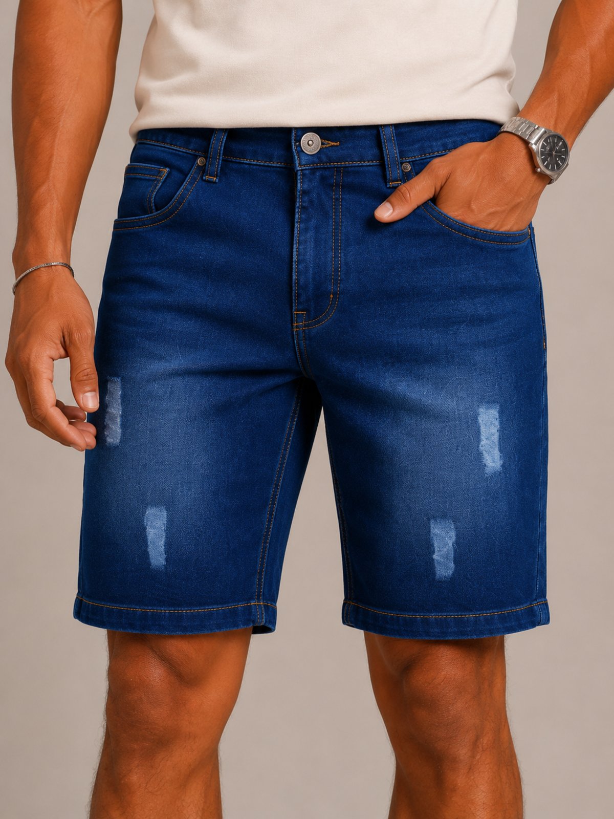 Bermuda Jeans Masculina 5 Estilos Azul Escuro com Puídos Lavagem Stone Casual