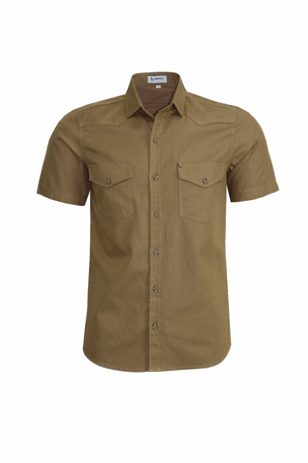 Camisa Manga Curta Amil Modelagem Comfort Algodão Estilo Militar Castanho 1901 7