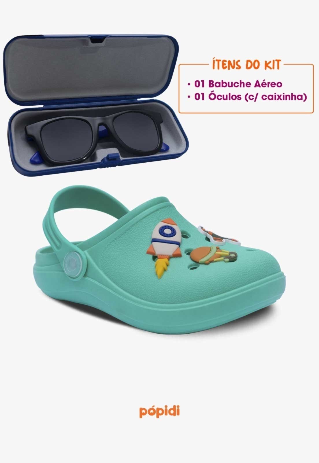 Vista 3 Infantil - Kit Babuche Aereo Pópidi com Óculos de Sol Azul Com Capinha verde Pópidí verde