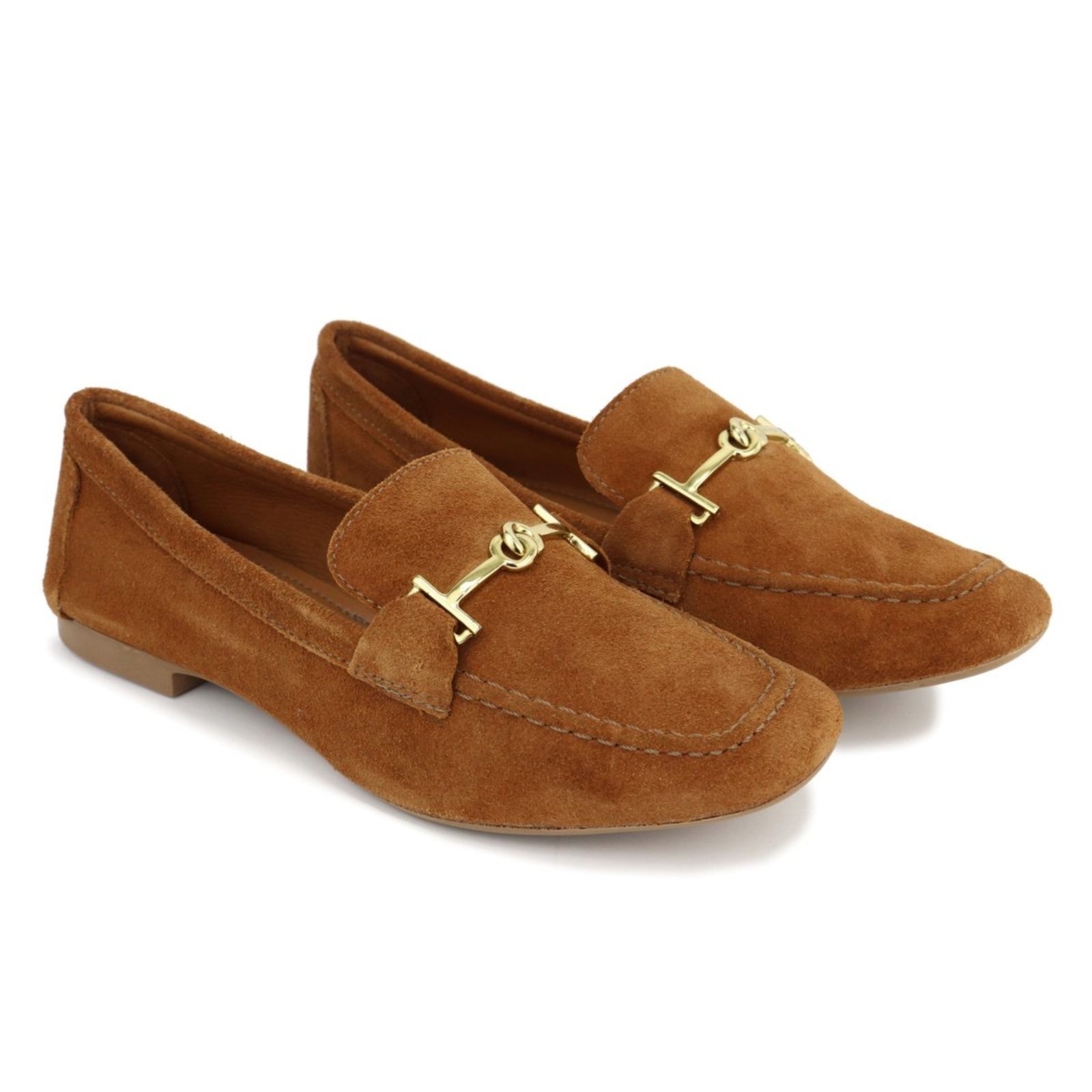 Mocassim Feminino Couro Caramelo com Fivela Dourada
