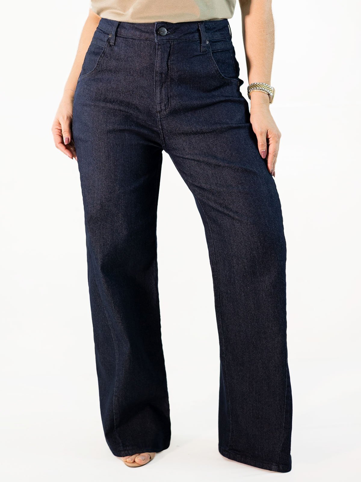 Calça Feminina Wide Leg Jeans Escuro Ampla Alta Recorte Lateral Anticorpus