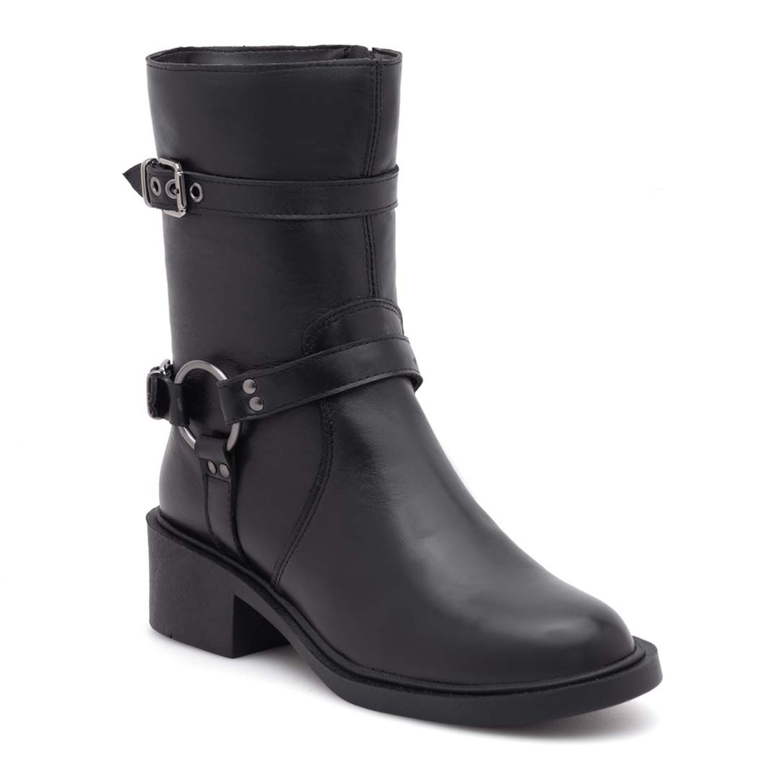 Bota Feminina Via Miss Couro Fivela Zíper Preto