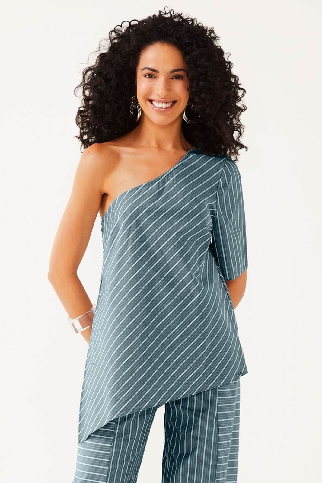 Blusa Feminina Assimétrica Listrada Marialícia Azul