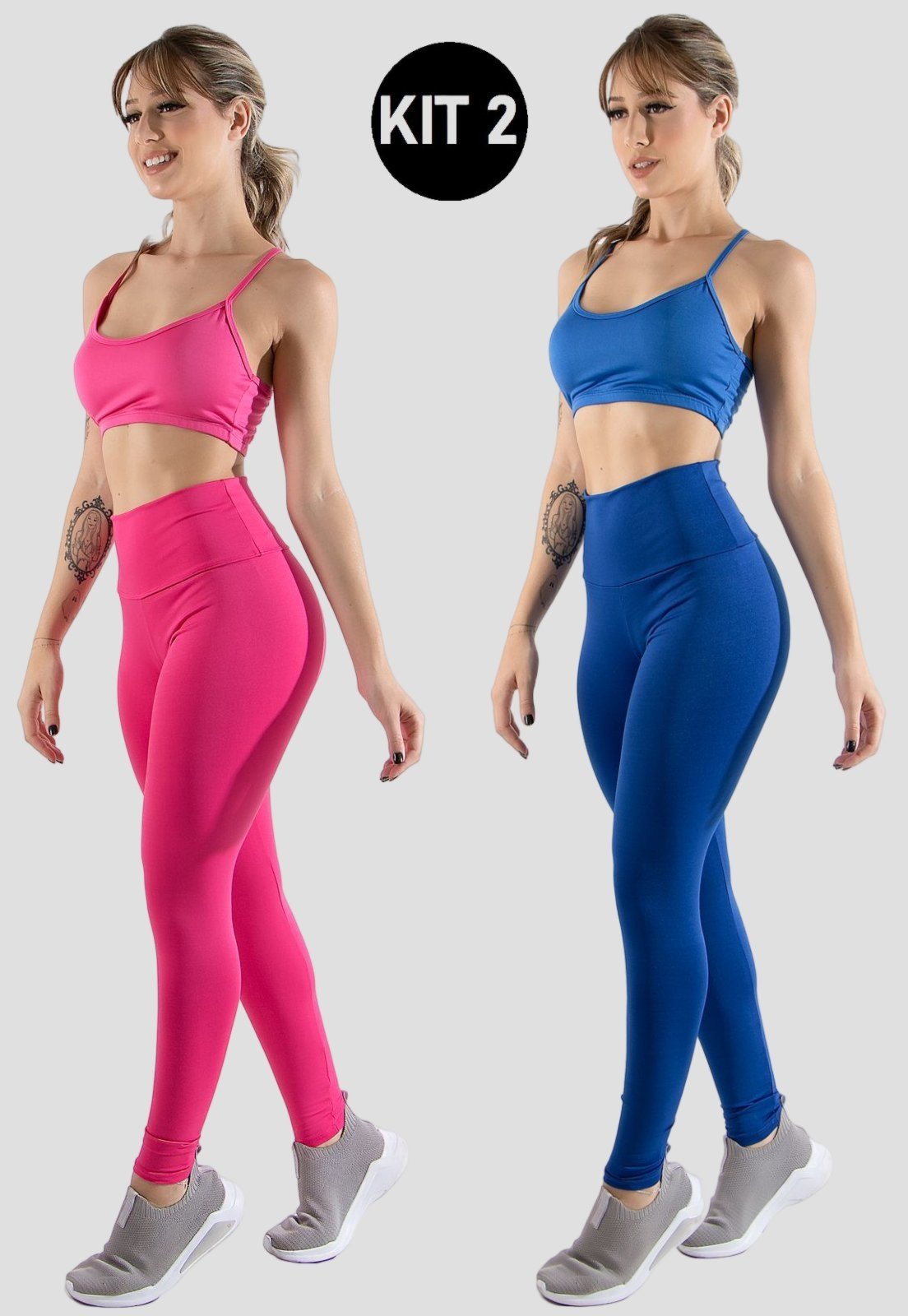 Kit 2 Conjuntos Feminino Fitness Top alça fina e Calça Legging Lisa Treino Academia 4 Estações Azul Royal/Rosa