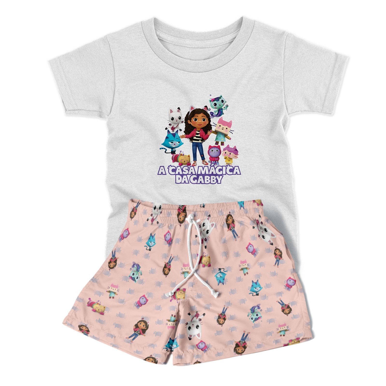 Infantil – Conjunto Menina 2pçs Camiseta Manga Curta e Shorts Personagens Gabby Rosa