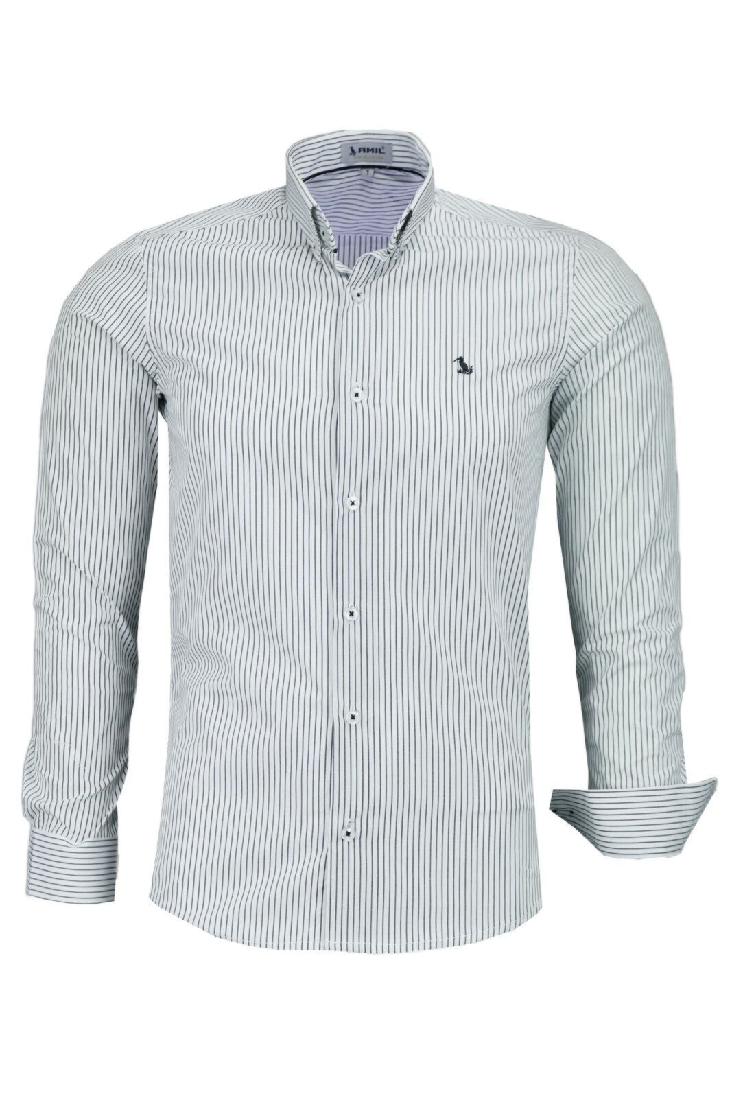 Camisa Listrada Social Masculina Manga Longa Amil Slim 1821
