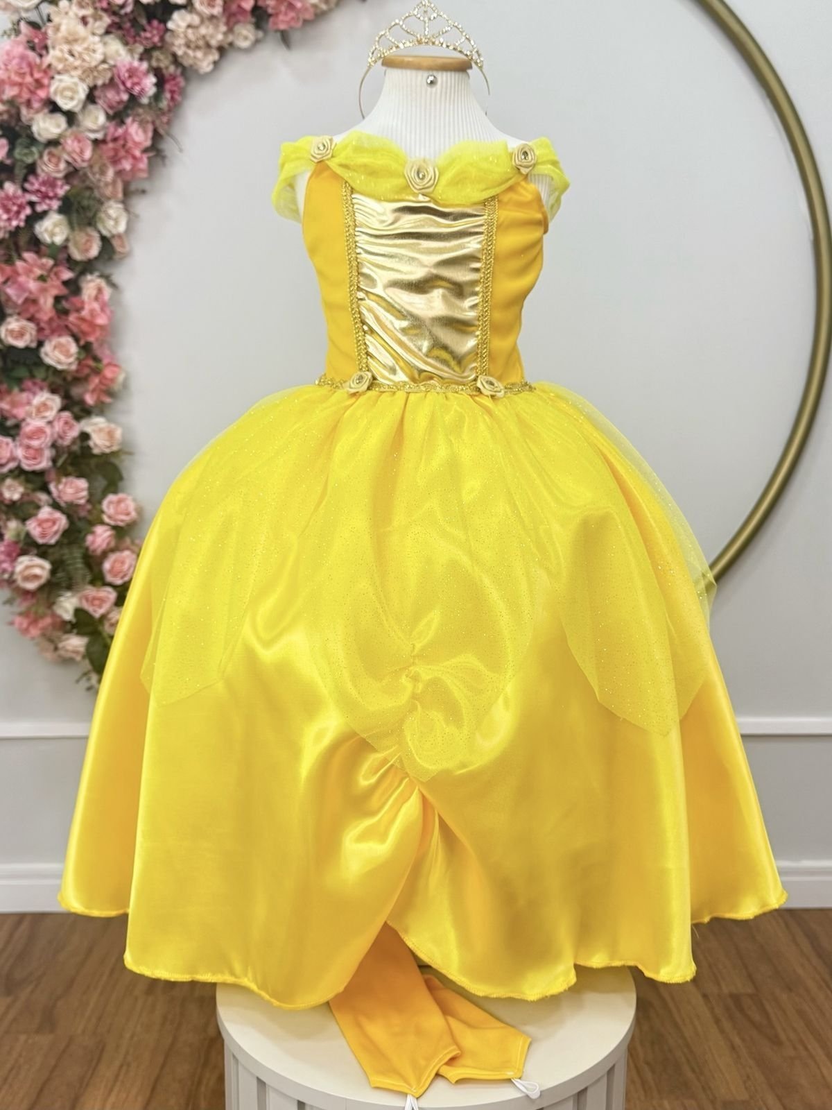 Infantil - Vestido Fantasia Princesa Com Luvas Amarelo Princesas Carnaval Festa Dia das s Menina Luxo