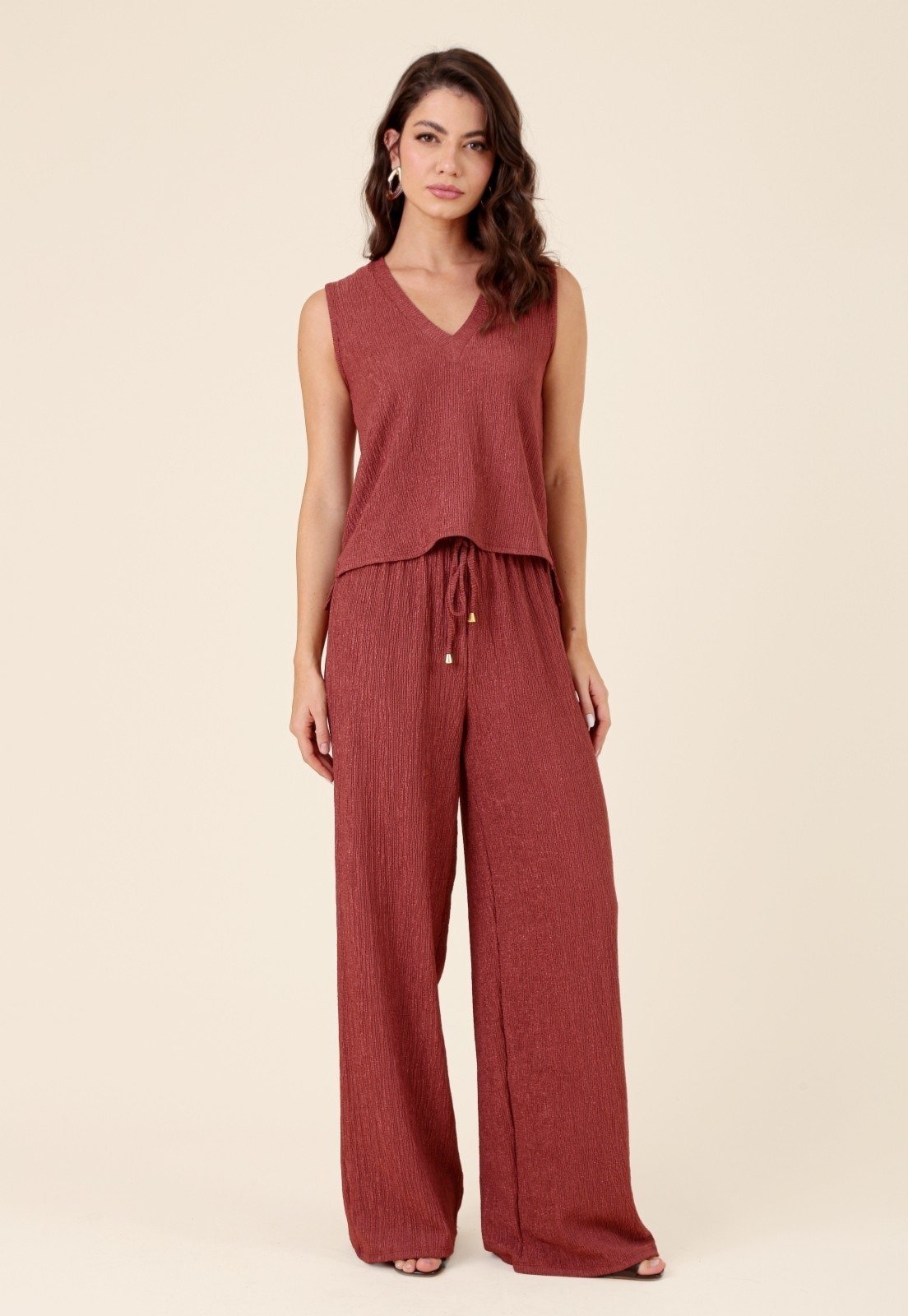 Calça Pop Me Wide Leg Em Malha Texturizada Cós Elástico Rosa Blush