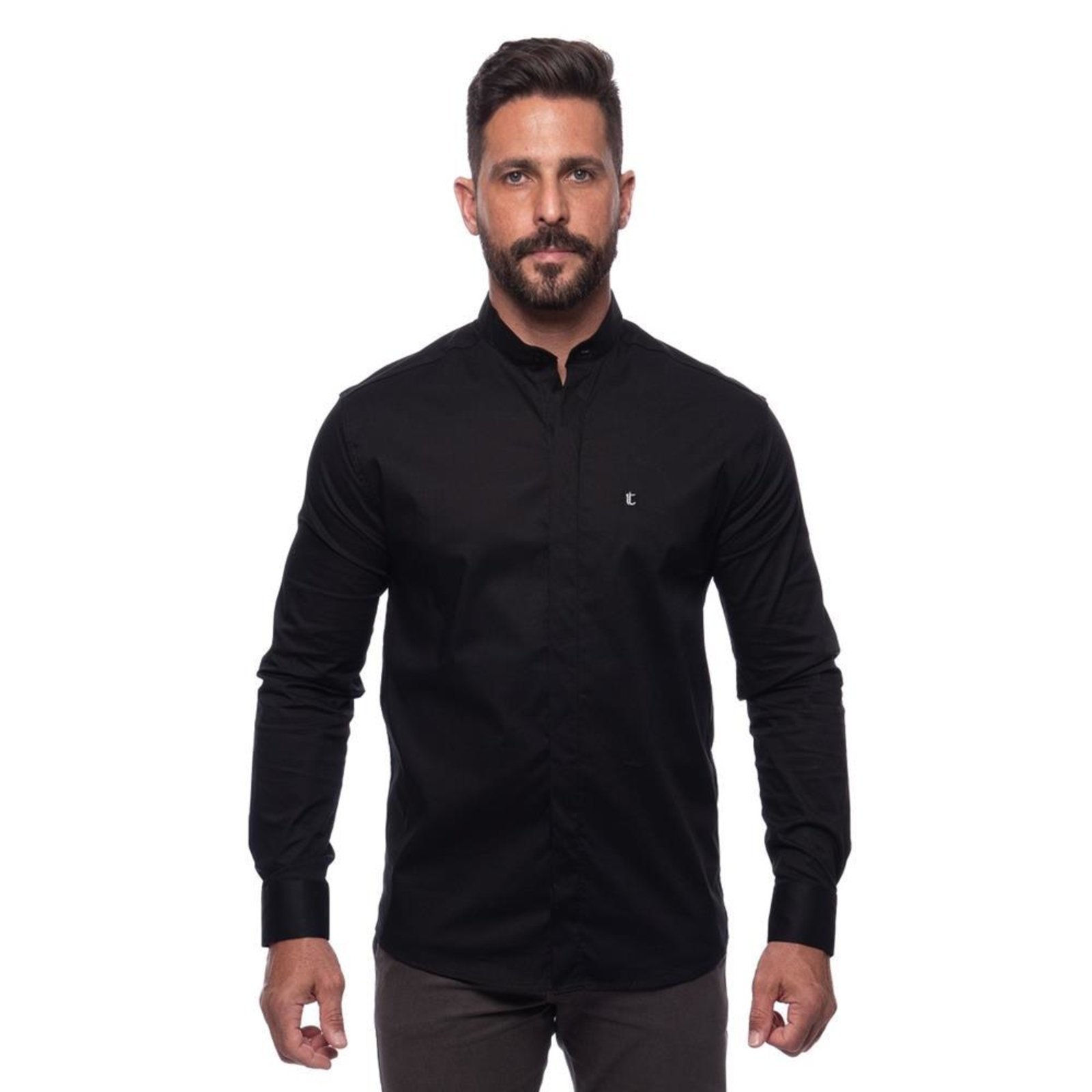 Camisa Masculina Acetinada Gola Padre Manga Longa Elastano Azul Claro G Preto