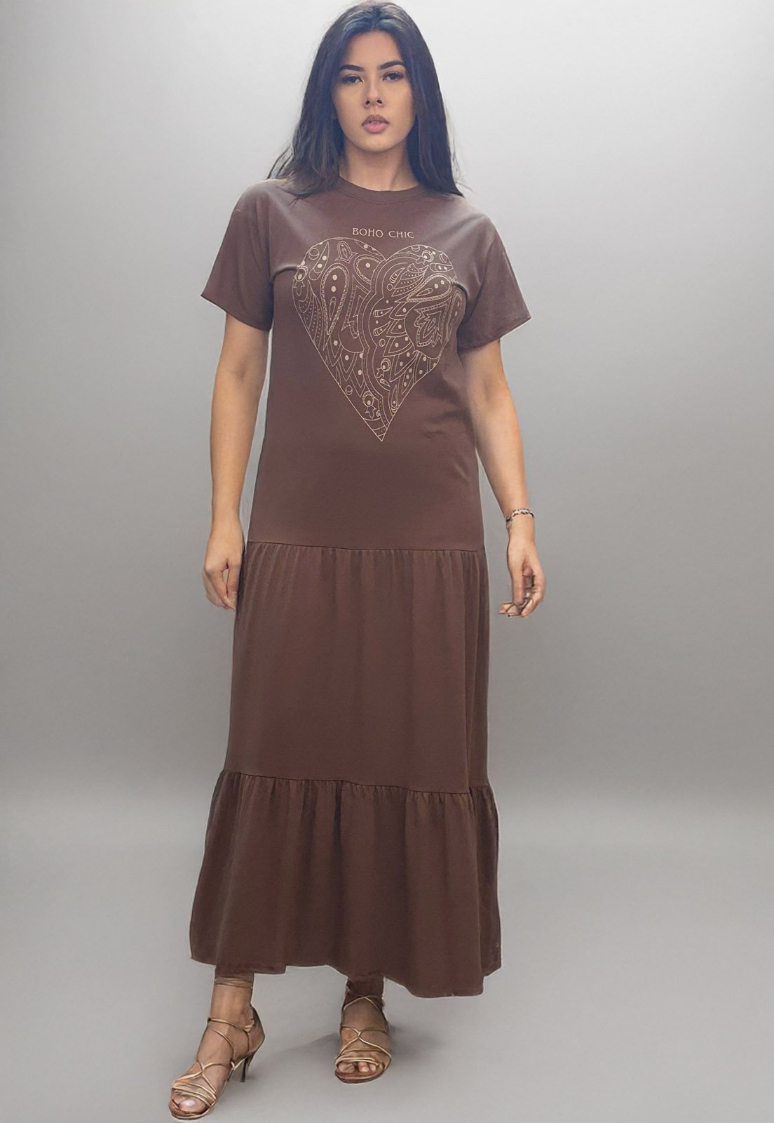 Vestido Cabanafree Longo Manga Curta Coração Marrom