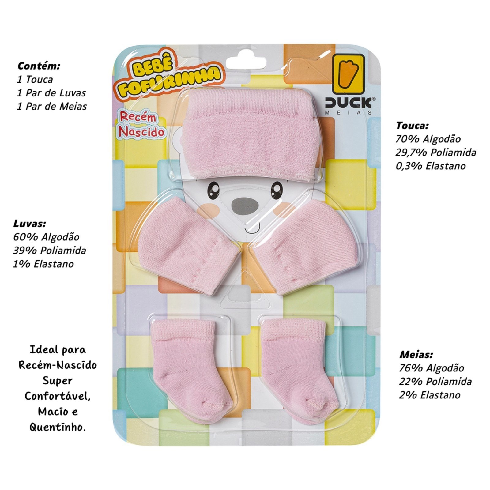 Vista 3 Infantil - Kit Saida De Maternidade Feminino Touca Luva Com Meia Claro Angipé rosa Angipé rosa