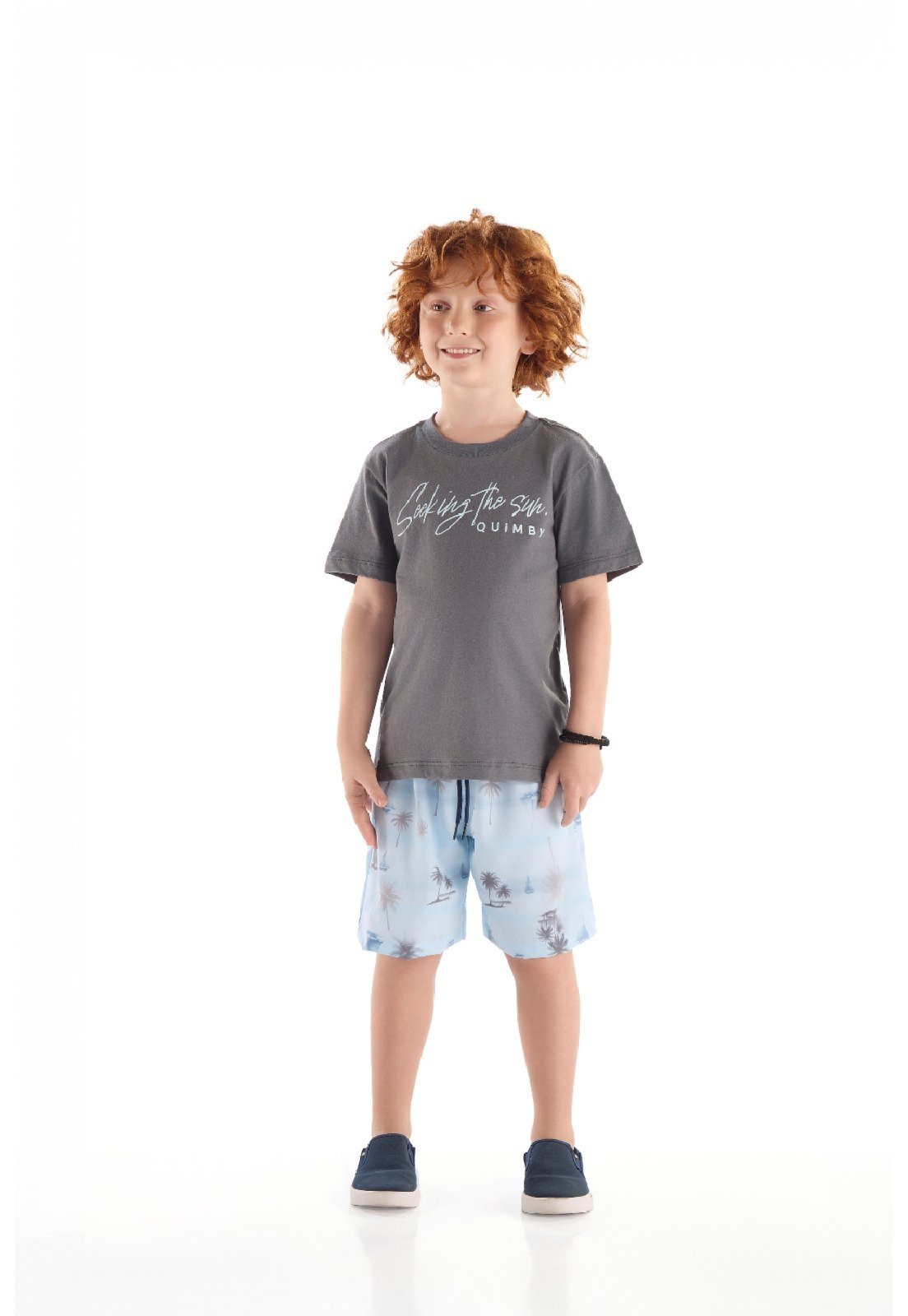 Infantil - Conjunto Camiseta Bermuda Tropical Quimby Cinza