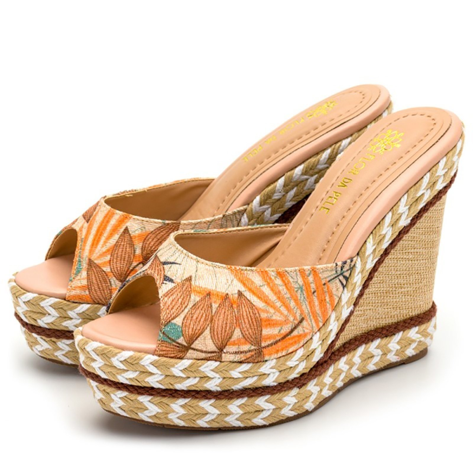 Sandalia Tamanco Feminino Anabela com Sisal Tecido Floral Caramelo Lançamento