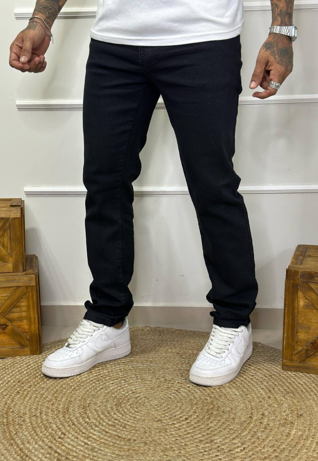 Calça Jeans Elegante Preta Masculina Skinny Reta Tecido Premium