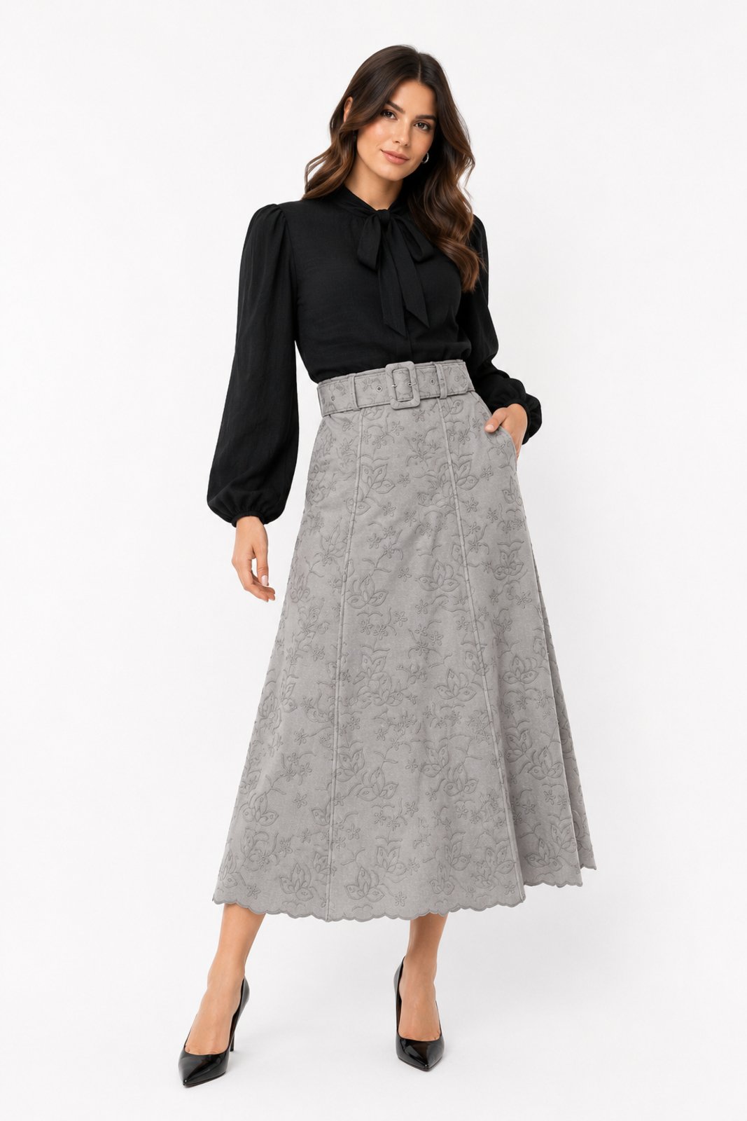 Saia Midi Evasê D Bell Outlet Fashion Bordado Cinza