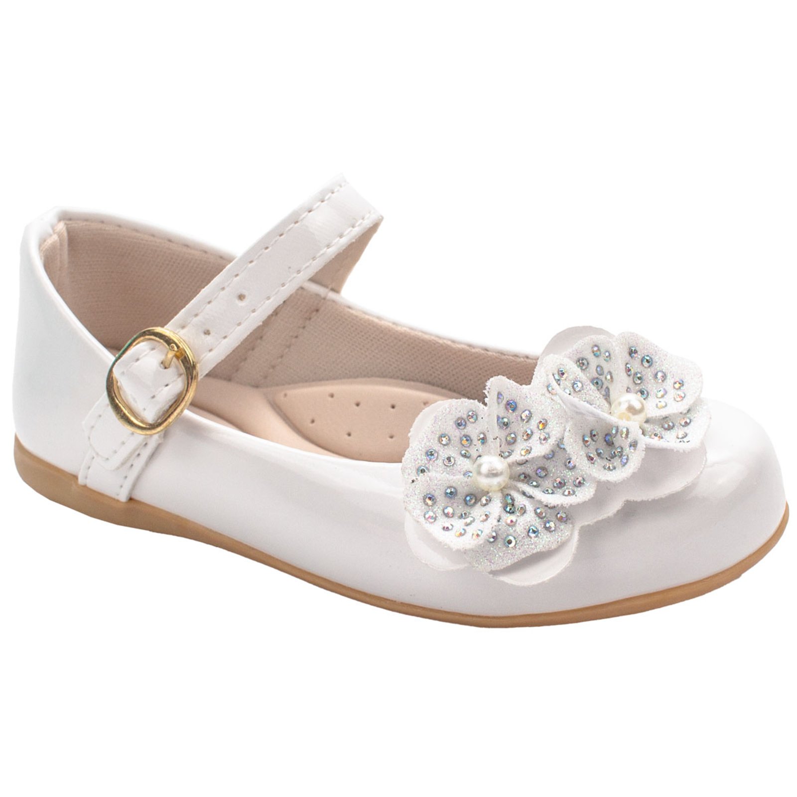 Infantil – Sapatilha Boneca Festa Casual Flor de Glitter e Perolas 2030 – Branco