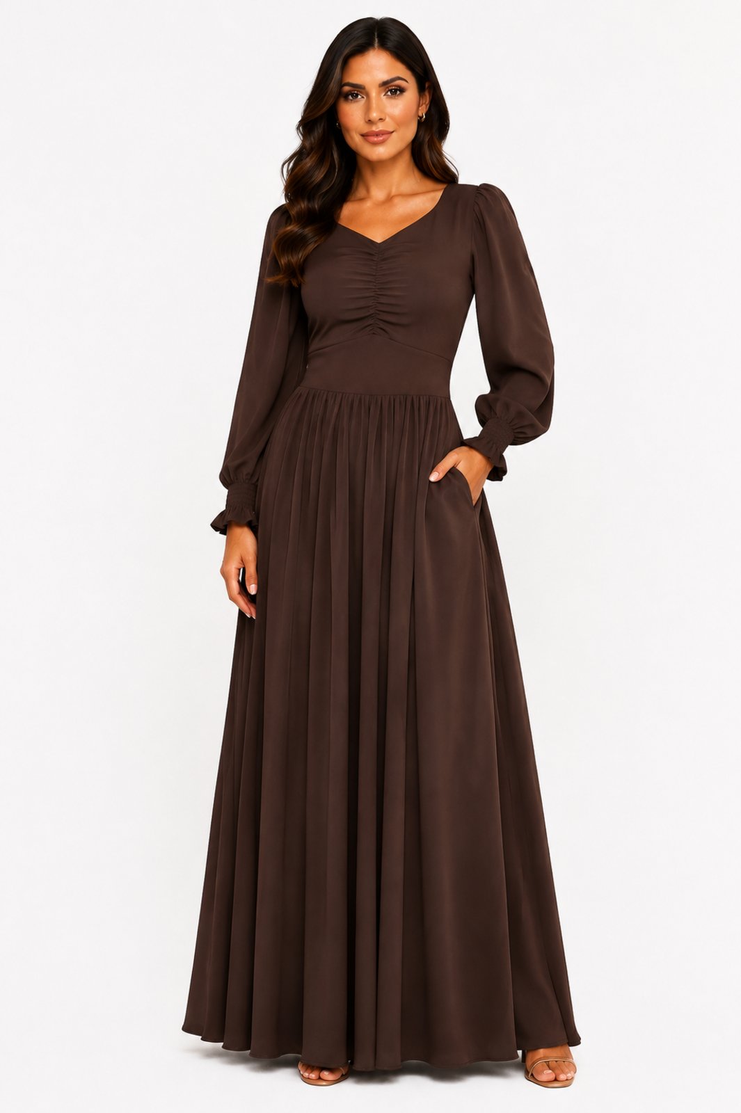 Vestido Longo D Bell Outlet Fashion Decote V Marrom