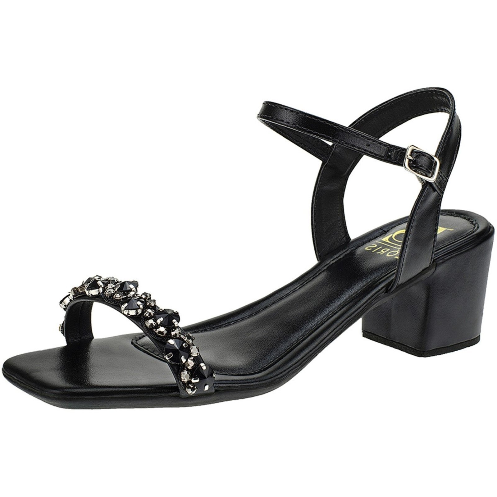 Sandalia Pedraria Strass Feminina Salto Bloco Fivela 030-100 Preto