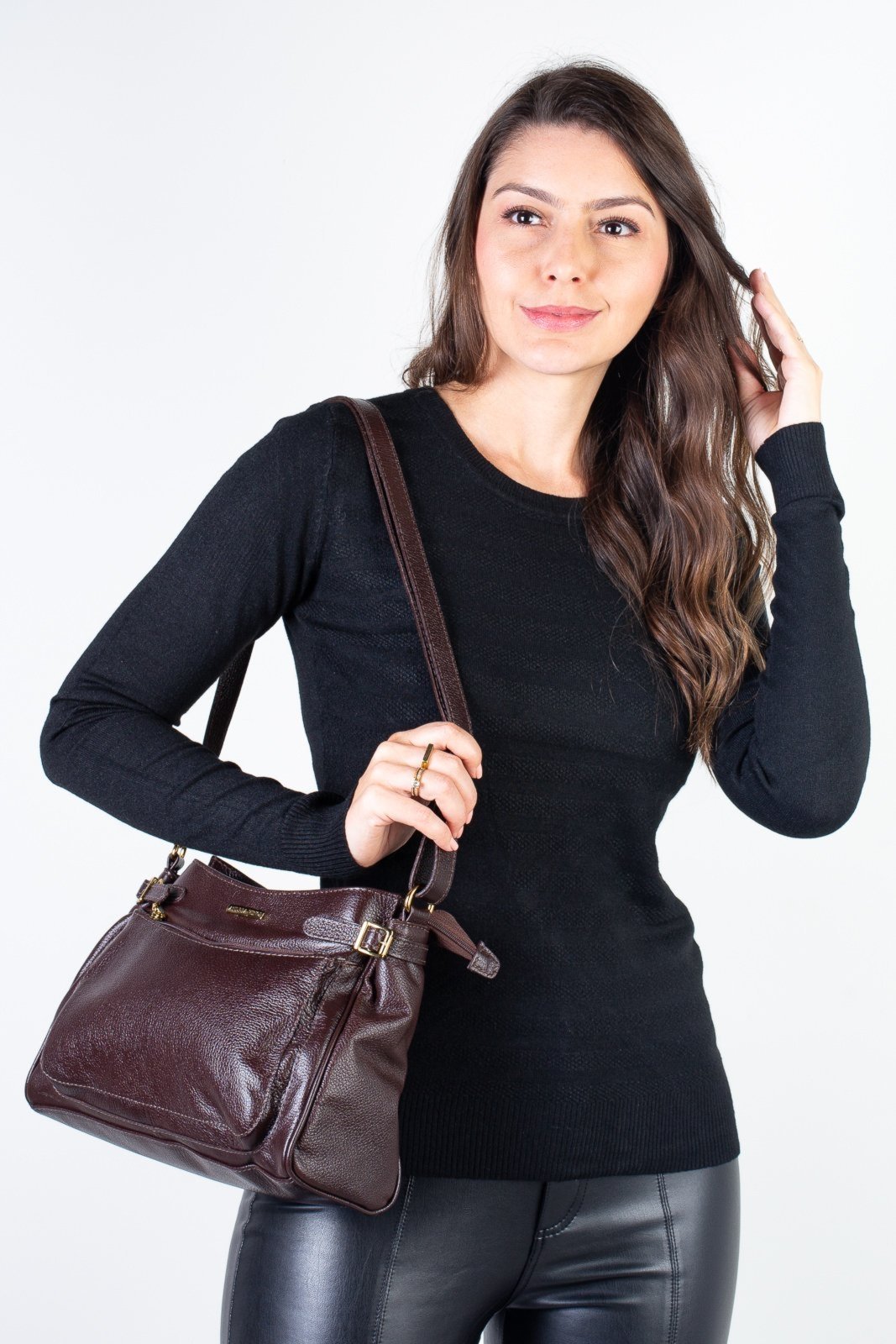 Vista 2 Bolsa tiracolo de couro liso Lorena - Café Andrea Vinci azul Andrea Vinci azul
