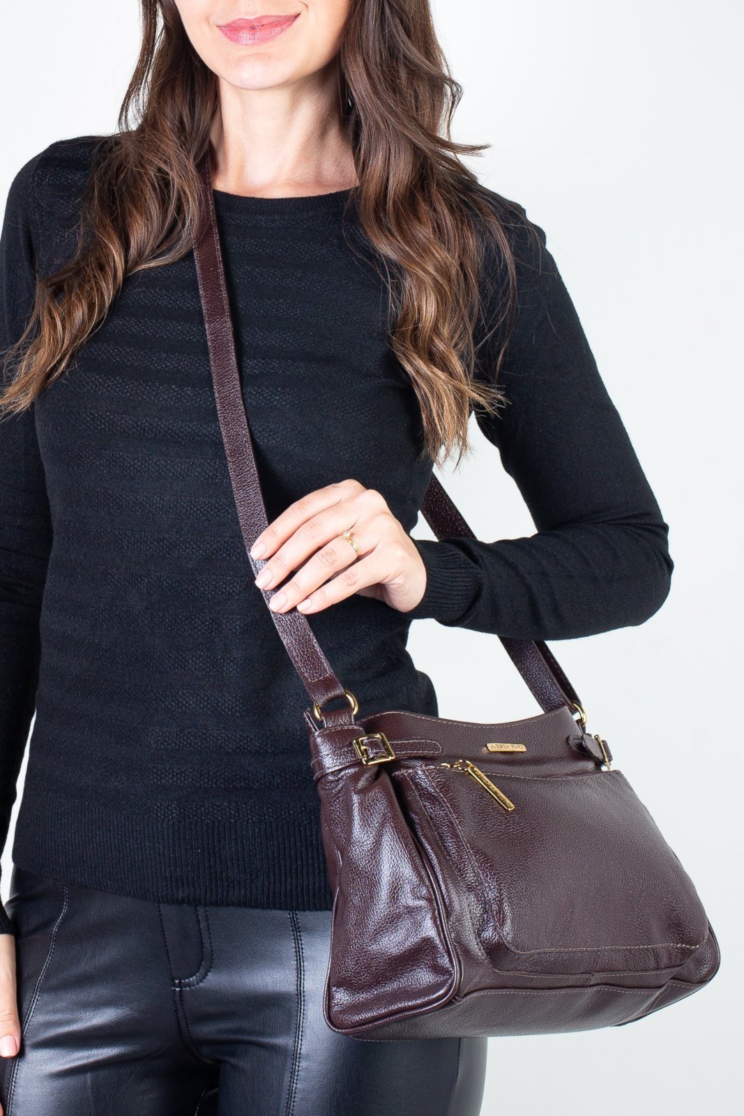 Vista 3 Bolsa tiracolo de couro liso Lorena - Café Andrea Vinci azul Andrea Vinci azul