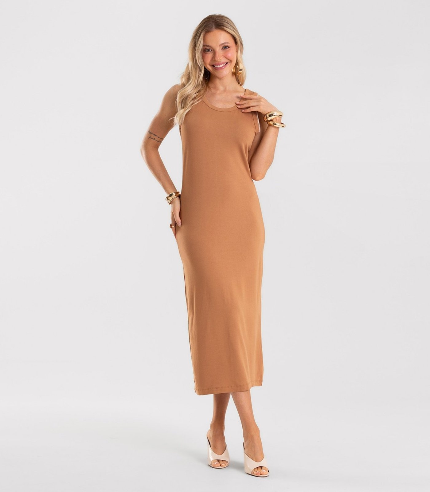 Vestido Feminino Midi Molecotton Viscose Rovitex Marrom