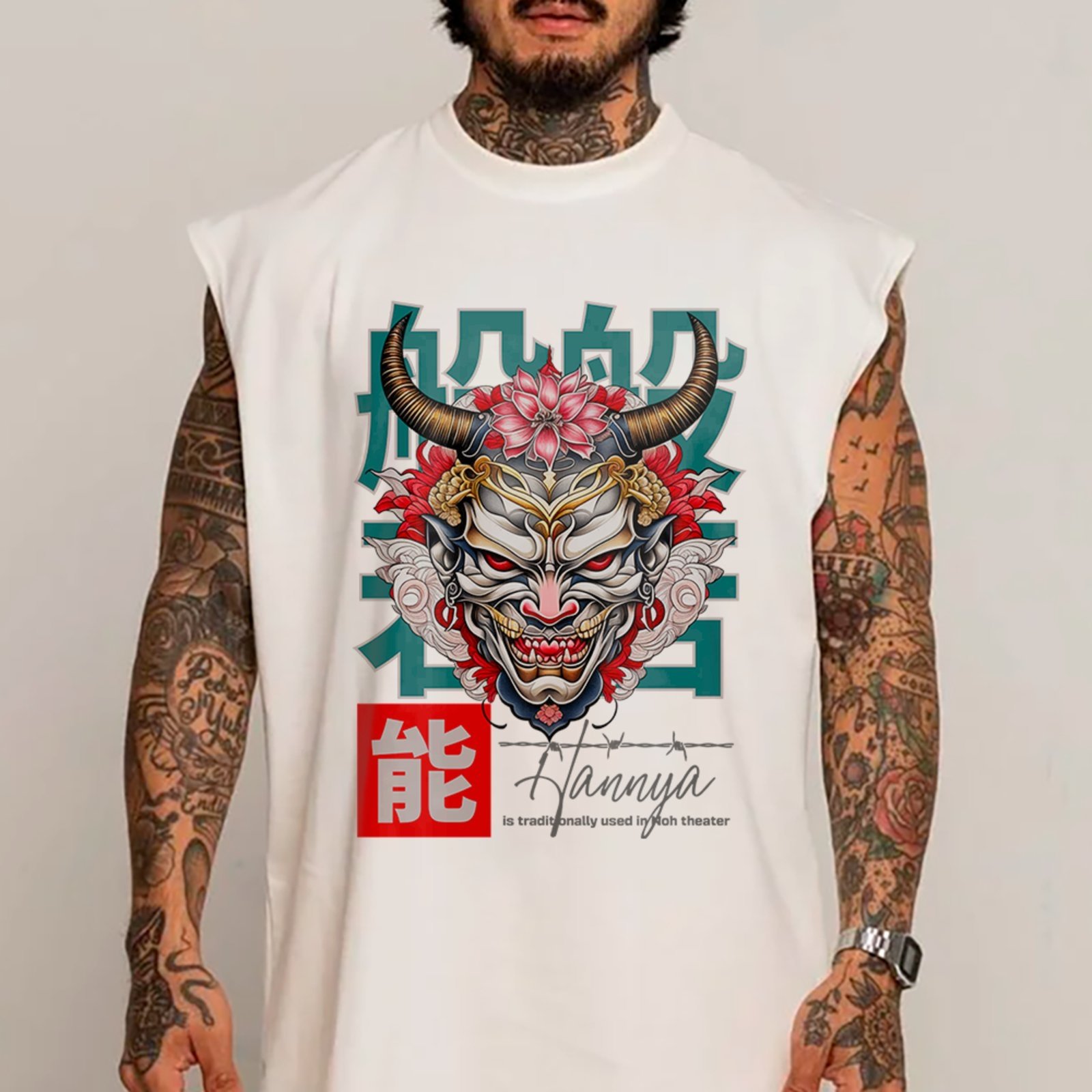 Camiseta Regata Machão Máscara Oni Japão Oriental Hannya Estilo Urbano Branco