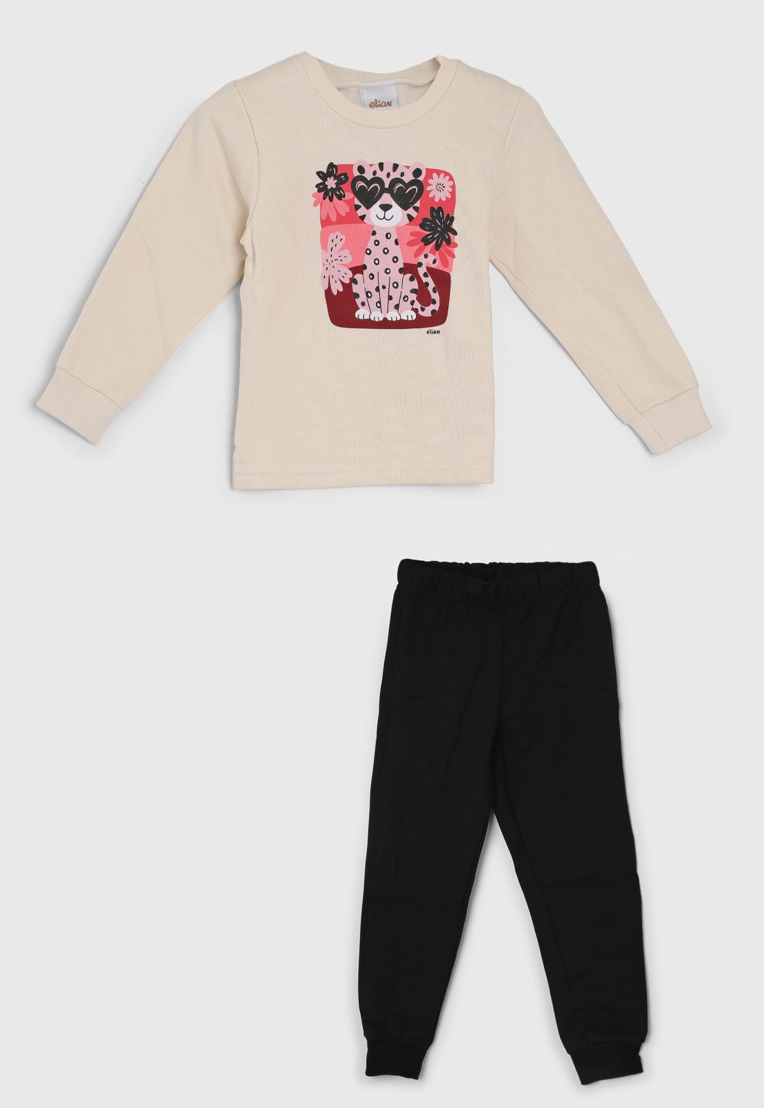 Infantil - Conjunto Elian Blusa Estampada Felino Bege e Calça Preta