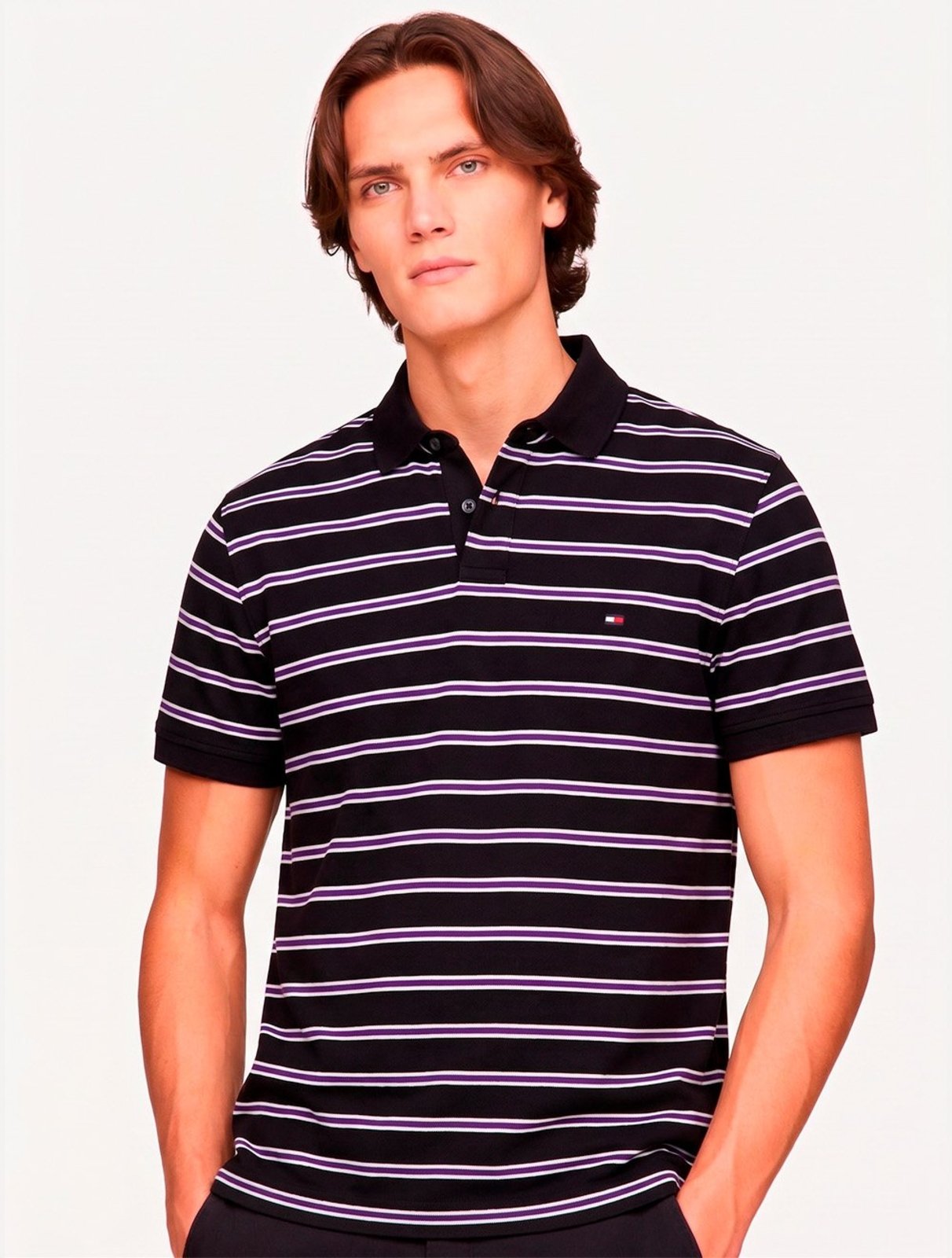 Polo Tommy Hilfiger Masculina Regular Piquet 1985 Striped Preto/Roxa