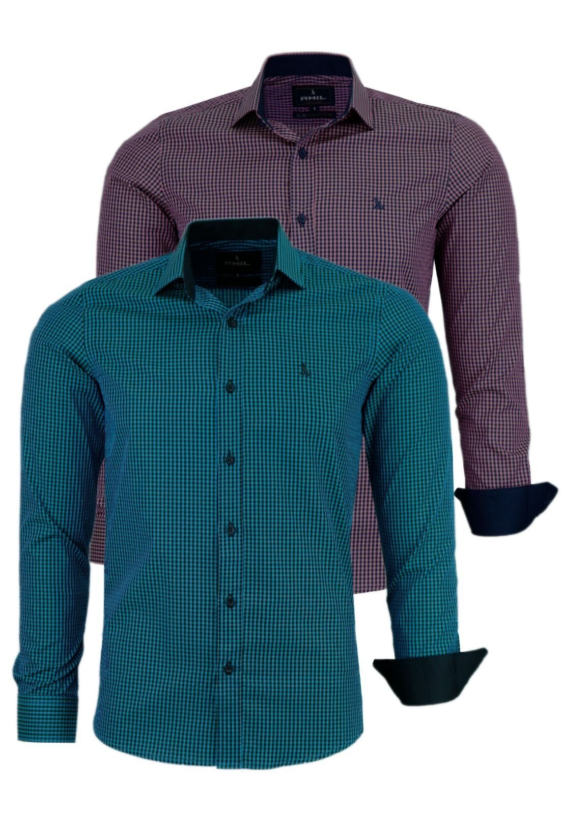 Kit 2 Camisas Manga Longa Algodão Slim 1749 Cor 08 e Cor 07