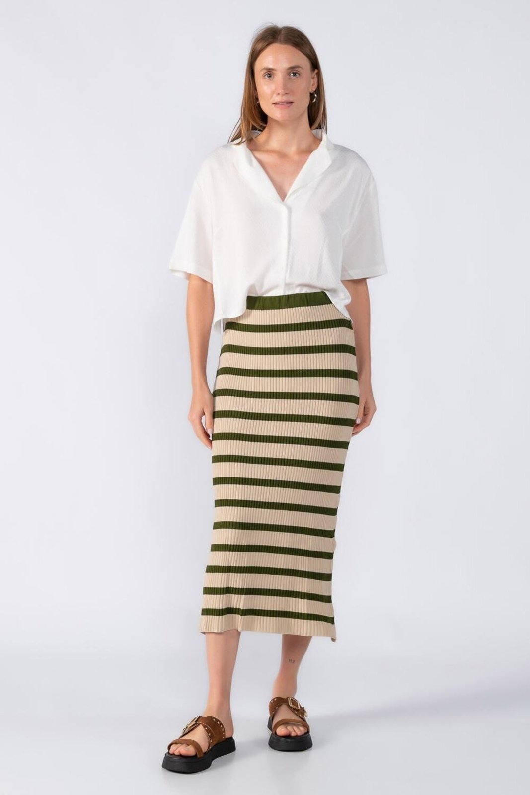 Saia midi tricot listrada Verde