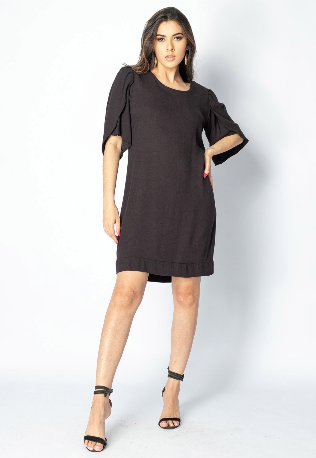 Vestido Curto Viscose Amazonia Vital Balli Manga Curta Preto