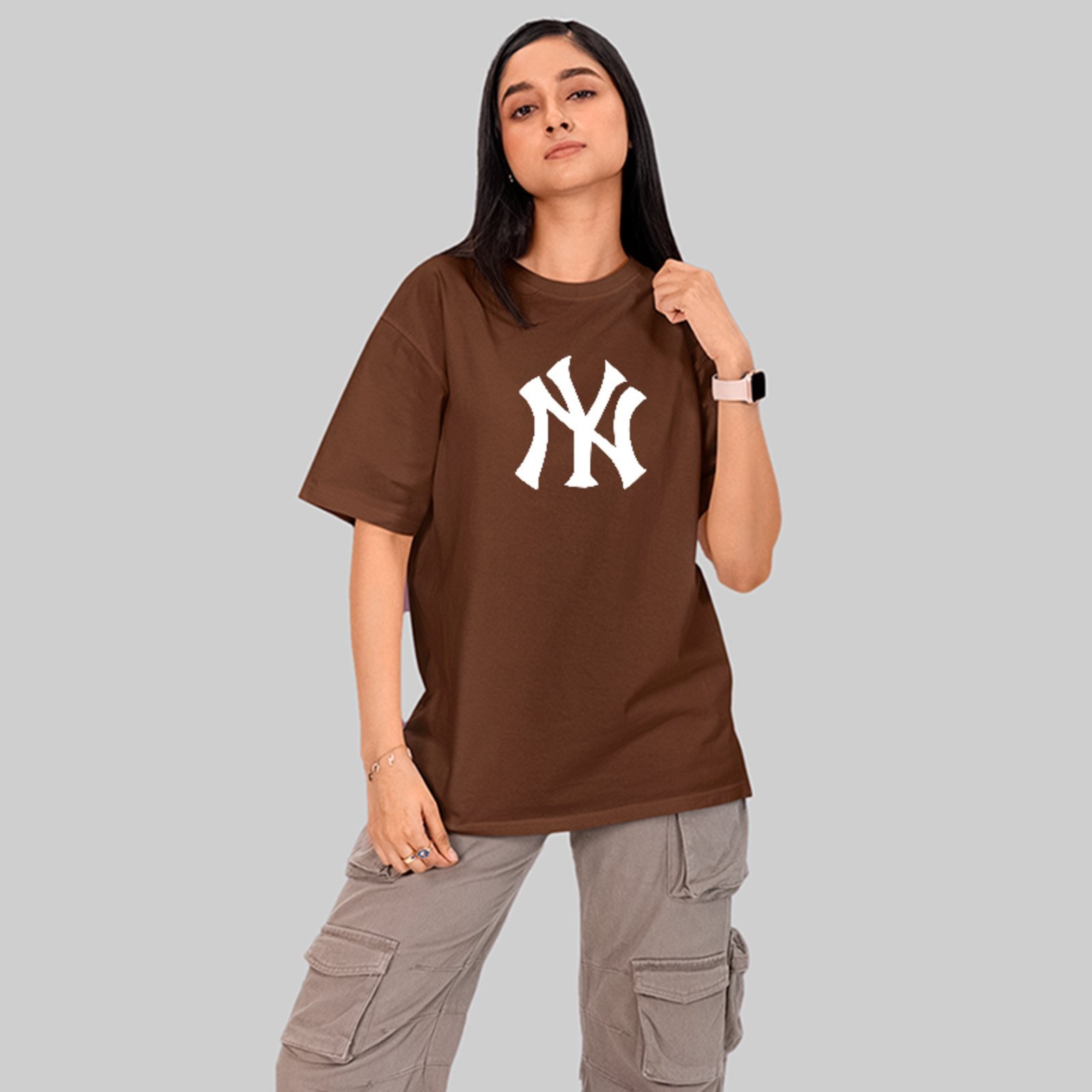 Vista 3 Camiseta Oversized New York Design Urbano Minimalista ousy marrom ousy marrom