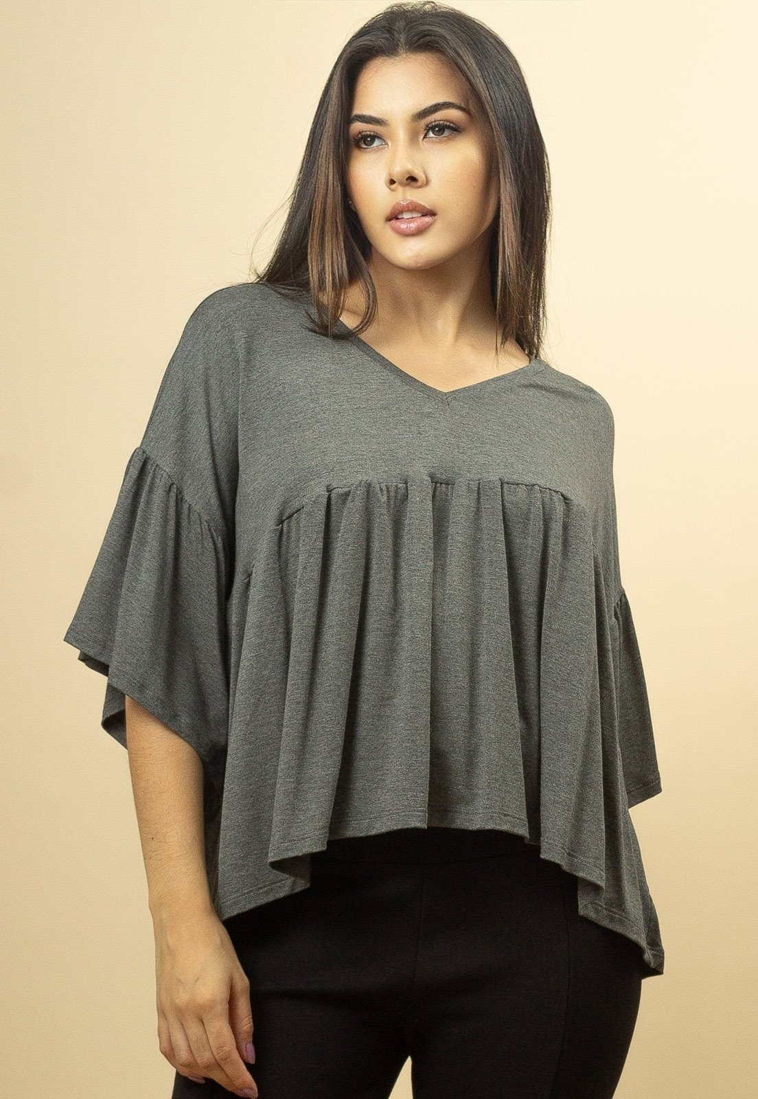 Blusa Bata Fulô Babado Malha Mescla