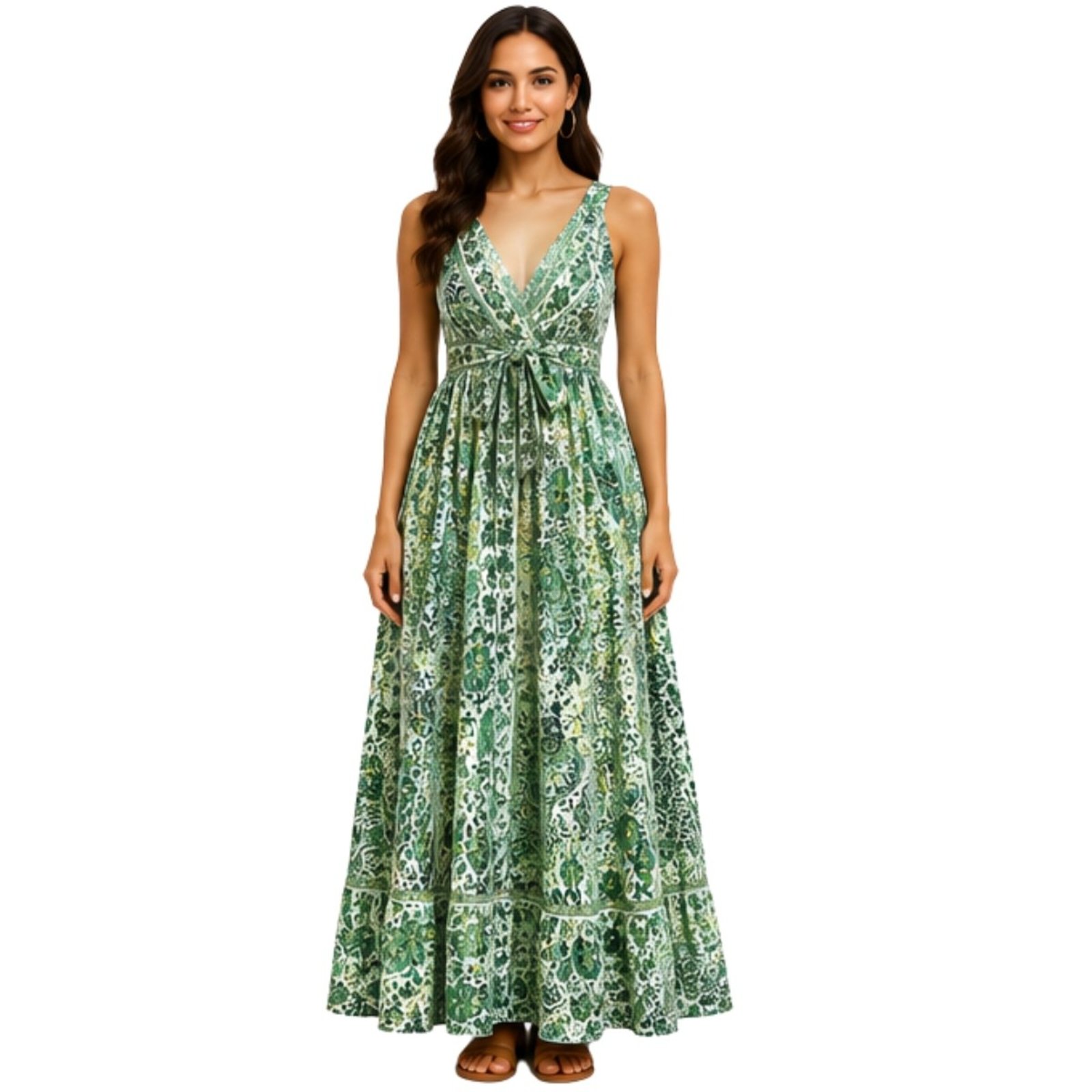 Vestido Longo Feminino Estampado Boho Bali Decote V Alças Reguláveis Verde