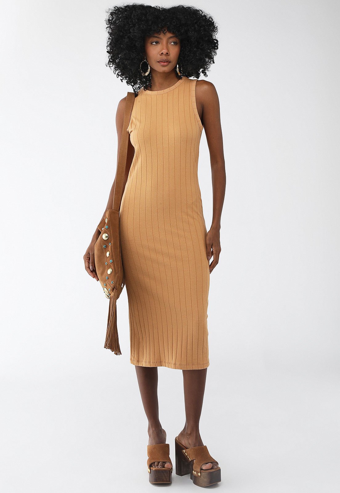 Vestido Forum Midi Canelado Caramelo