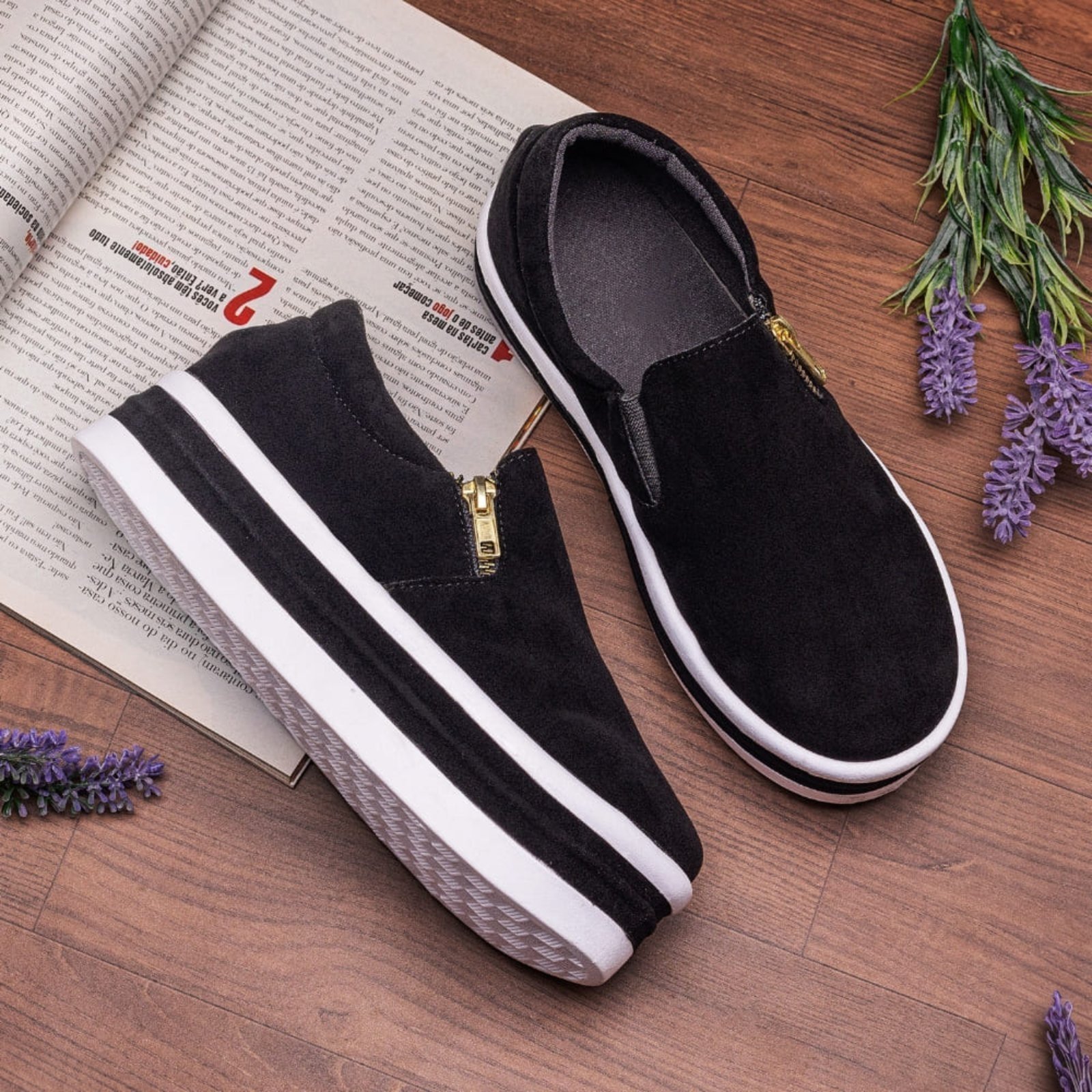 Slip On Tênis Plataforma Com Zíper Lateral Feminino Sola Alta Macio Para Ficar Alta – Preto